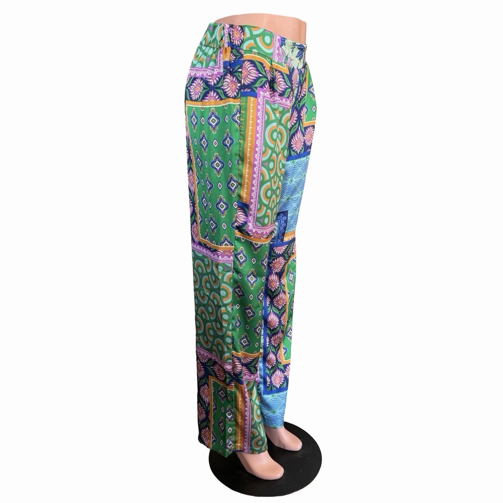 Rachel Zoe Patchwork Palazzo Pants Sz L Wide Leg • Scarf Print Resort Wear Boho - Picture 3 of 12